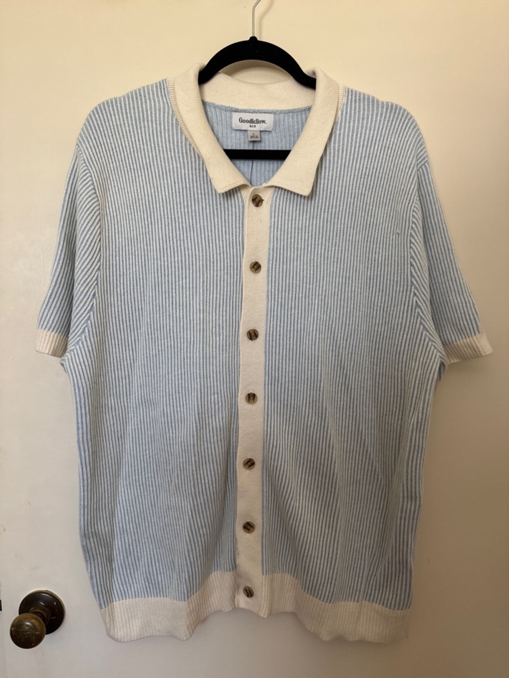 Goodfellow & Co Mens Light Blue & Cream Short-Sleeve Knit Polo Shirt size L